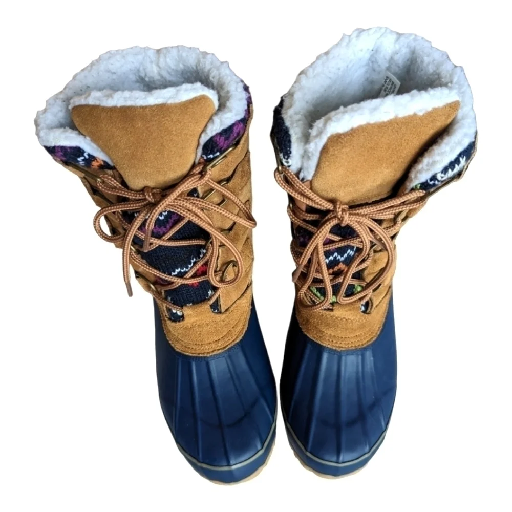 Khombu Vail Women's Blue Rubber Tan Suede Snow Duck Boots Colorful Knit Accent 6
